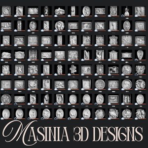 May include: A grid of 3D designs, each in a small, square frame. The designs are primarily white or light gray, featuring relief sculptures of various shapes and sizes. The text "MASINIA 3D DESIGNS" is at the bottom in a cursive font.