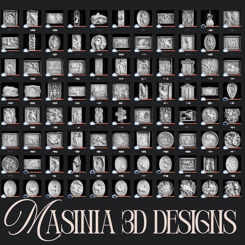 May include: A grid of 3D designs, each in a small, square frame. The designs are primarily white or light gray, featuring relief sculptures of various shapes and sizes. The text "MASINIA 3D DESIGNS" is at the bottom in a cursive font.