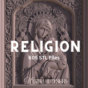 May include: A detailed, gray religious relief sculpture featuring a central figure holding a child, with angels and ornate carvings. The word "RELIGION" is prominently displayed, along with "605 STL Files" and the "MASINIA 3D DESIGNS" logo.