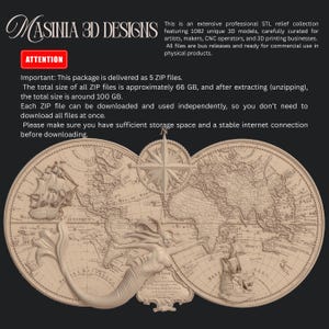 May include: A detailed 3D relief map design featuring a mermaid, sailing ships, and a compass rose. The image includes the text "MASINIA 3D DESIGNS" and important information about the digital files.