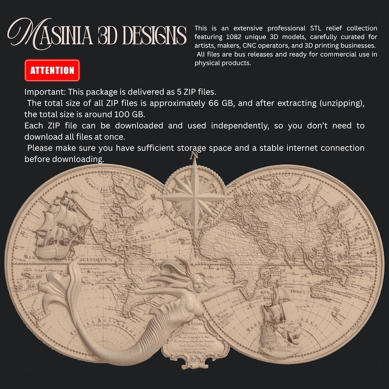 May include: A detailed 3D relief map design featuring a mermaid, sailing ships, and a compass rose. The image includes the text "MASINIA 3D DESIGNS" and important information about the digital files.