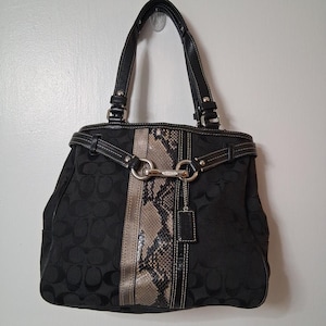 May include: Black tote bag with a repeating pattern. The bag features a snakeskin-like panel down the center, silver hardware, and black leather handles and trim. A small tag hangs from the front.