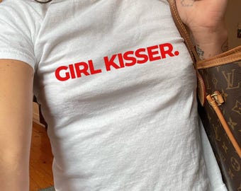 Girl Kisser Baby Tee, Trendy Slogan Tshirt, Gifts for Her, Lesbian Shirts, Pride Tops, Custom Femme Gay Bisexual Top Sapphic, y2k aesthetic