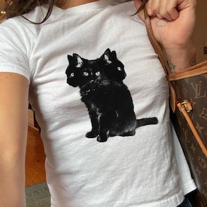 Maglietta per neonati con gatto a 3 teste, maglietta grafica, maglietta per neonati con grafica spettrale di Halloween, top emo grunge, moda Y2K, magliette gotiche, autunno, maglietta softstyle