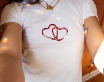 Carabiner Heart Baby Tee, Pride T-shirt, Y2K Aesthetic Tops, LGBTQ Bisexual 90s Baby Tee, Femme, wlw sapphic tee, Karabiner Graphic Shirt