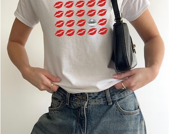 Kiss Disco Ball Baby Tee, Womens Fitted T-shirts, Retro Concert Top, Lip Stain Mirrorball Tops, Aesthetic Pinterest- Please Check Size Guide