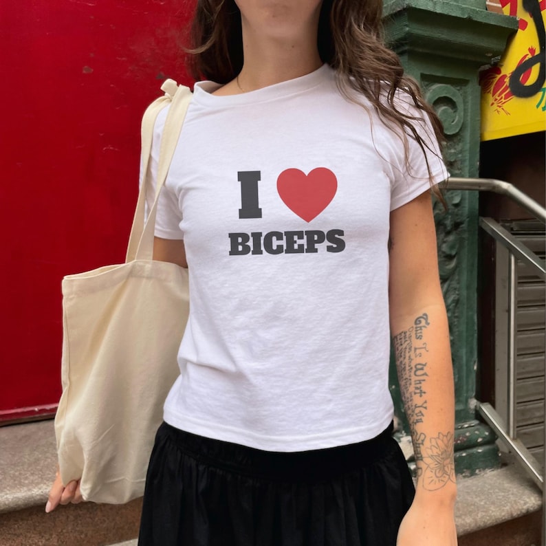 I Love Biceps Baby Tee, Y2K T-Shirt, 90s Baby Tee, Bicep Shirt, Funny Clubbing Tops, Fitted Womens Tee, Unique Christmas Gifts For Her, Fun image 1
