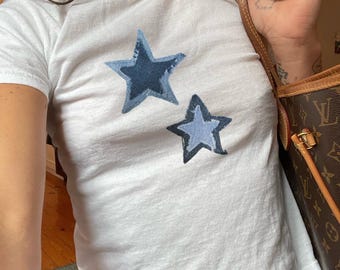Blue Denim Stars Baby Tee, Womens Y2K Fitted Tshirts, Denim Star Print Graphic Tees, Unique shirts, Cool Tops, Gifts for her, Retro vintage