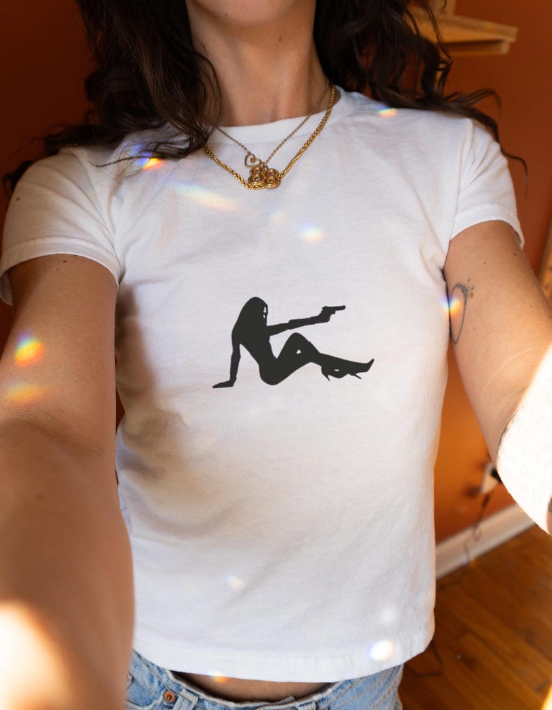 Woman Black Shilhouette Baby Tee, y2k fashion, Womens Fitted Tshirts, 90s Baby Tshirt, Cool Retro Tees, White Tops, Softstyle, gifts for her image 2