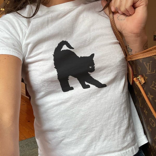 Cat Stretching Graphic Baby Tee, Vintage Tshirt, Halloween Tshirts, Womens Fitted Tshirts, Black Cat, Cat Mom Present, Animal Lover Gifts