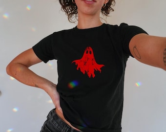 Baby-T-shirt Red Ghost, Halloween-T-shirt, Y2K Spirit-outfit, T-shirt met retro-wassing, Pinterest baby-T-shirt jaren 90, T-shirts spookachtig seizoen, esthetiek