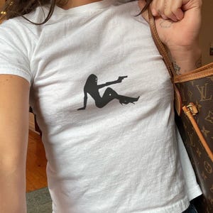 Woman Black Shilhouette Baby Tee, y2k fashion, Womens Fitted Tshirts, 90s Baby Tshirt, Cool Retro Tees, White Tops, Softstyle, gifts for her