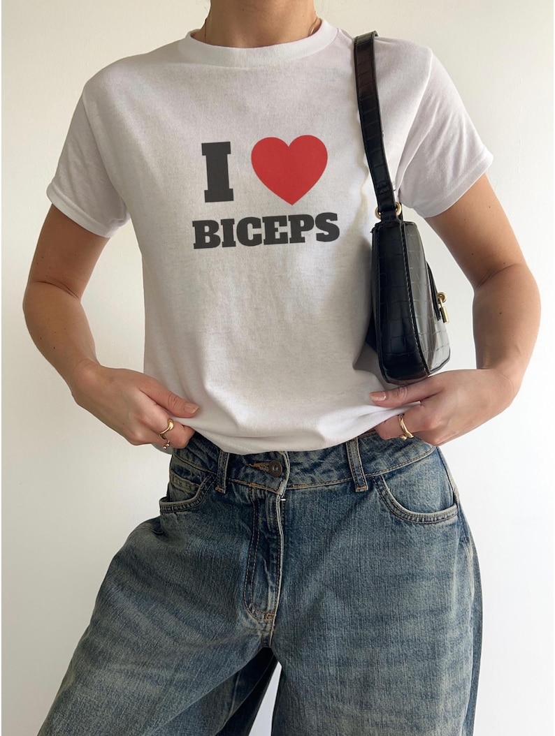 I Love Biceps Baby Tee, Y2K T-Shirt, 90s Baby Tee, Bicep Shirt, Funny Clubbing Tops, Fitted Womens Tee, Unique Christmas Gifts For Her, Fun image 4