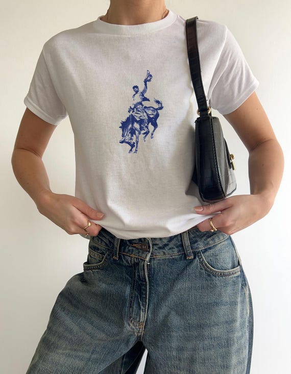 Vintage Cowboy Baby Tee, Y2K Womens Fitted Top, Trendy T-Shirt, Retro Western Shirt, Cool Tees, Graphic Baby Tee, 2000s Clothing, Crop Top