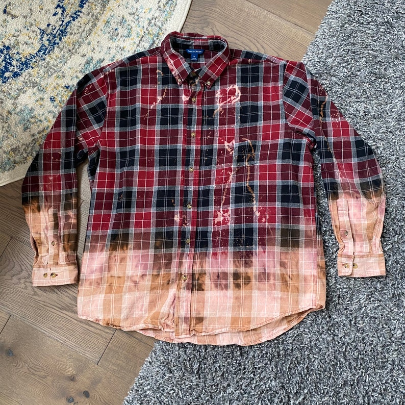 Red Dipped Bleach Dye Flannel Bleached Flannel XL Red Tie Dyed Flannel Red Bleach Dyed Flannel