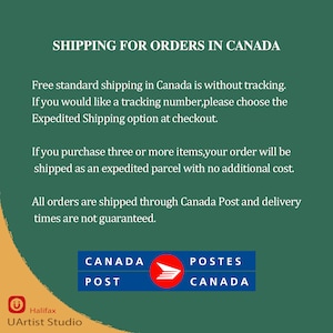 May include: Text on a dark green background reads "SHIPPING FOR ORDERS IN CANADA". Below, it details shipping options, including standard and expedited shipping. The Canada Post logo is at the bottom, with the UArtist Studio logo in the lower left corner.
