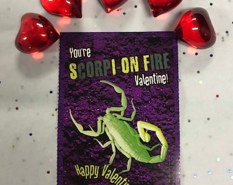 Scorpion- “You’re scorpi-on fire Valentine! Happy Valentine’s Day!” Valentine’s Day Card with 5 Red Heart Bath Oil Beads and Tattoo