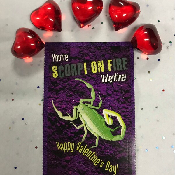 Scorpion- “You’re scorpi-on fire Valentine! Happy Valentine’s Day!” Valentine’s Day Card with 5 Red Heart Bath Oil Beads and Tattoo