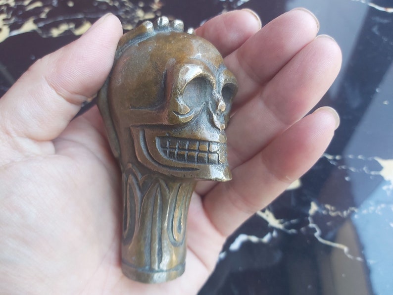Asian Chinese Old Bronze Handmade Carved Skull Statue Walking Stick Head