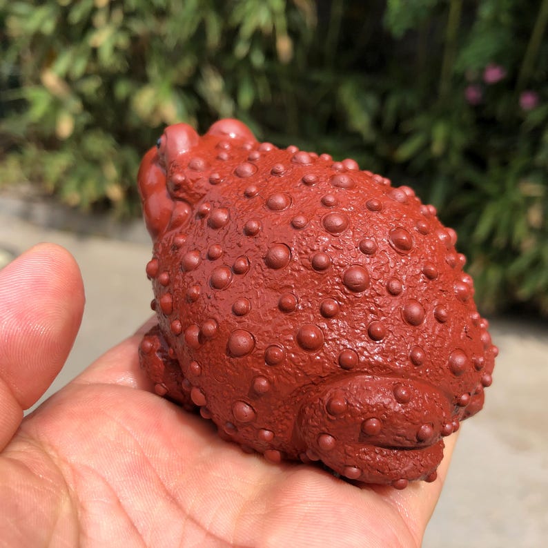 May include: A reddish-brown frog figurine with a textured, bumpy surface. The frog is held in a hand, showcasing its detailed design. The figurine's color and texture give it a unique, handcrafted appearance. The frog is a decorative item.