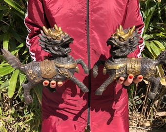 Vintage Gilded Copper Qilin Pair, Chinese Kylin Feng Shui Statues, Auspicious Wealth & Protection Decor, Antique Mythical Beast