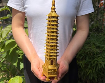 13-Tier Golden Wenchang Pagoda Statue,Chinese Feng Shui Tower for Academic Success & Career Growth,Desk Ornament for Students  Office Decor