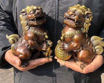Pair  huge Antique vintage Copper Temple Foo Dog Lion Statues, Brass Palace Feng shui Evil Foo Dog Guardian Lions Beijing lion Beast decor