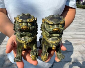 Bronze Guardian Lion Pair, Foo Dogs Statue Set, Feng Shui Lion Figurines, Asian Home Decor, Chinese Temple Lion, Protective Desk Ornament