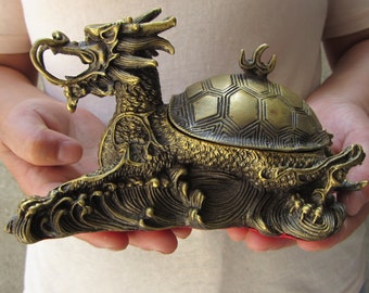 Brass vintage dragon turtle figurine ashtry ash chatcher, Vintage Style Ashtray with Lid Dragon Turtle Metal Statue Best Housewarming censer