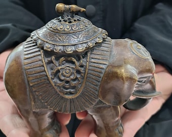 VTG Kupfer Elefant Statue Weihrauch Halter, Kegelspule Weihrauch Weihrauch Brenner mit Deckel, Aschefänger, geprägte Muster Weihrauchbrenner Räuchergefäß