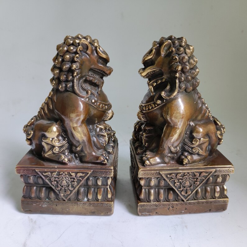 Copper Evil Fu Foo Dog Lion Statue Pair Signed, Old Antiques Chinese ...