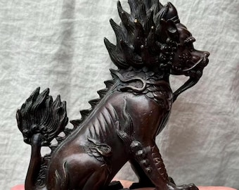 Tibetan Vintage Brass unicorn Figurine, Antique Bronze Statue Copper Foo Dog Temple Guardian living room decor Warding Off Evil Energy MHL13