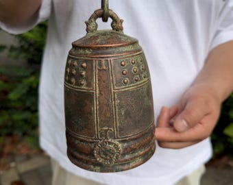 Vintage Tibetan Temple Copper Patina Bell Chung, Nepal Blessing Bell, Feng Shui Fortune Wind Chime, Buddha Bell Garden Hanging Decor Gift