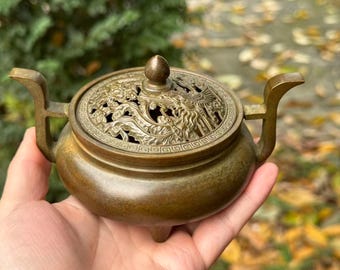 Incensário vintage de cobre com tampa, queimador de incenso vintage japonês de cobre para cerimônia do chá, incensário para meditação Zen, coletor de cinzas