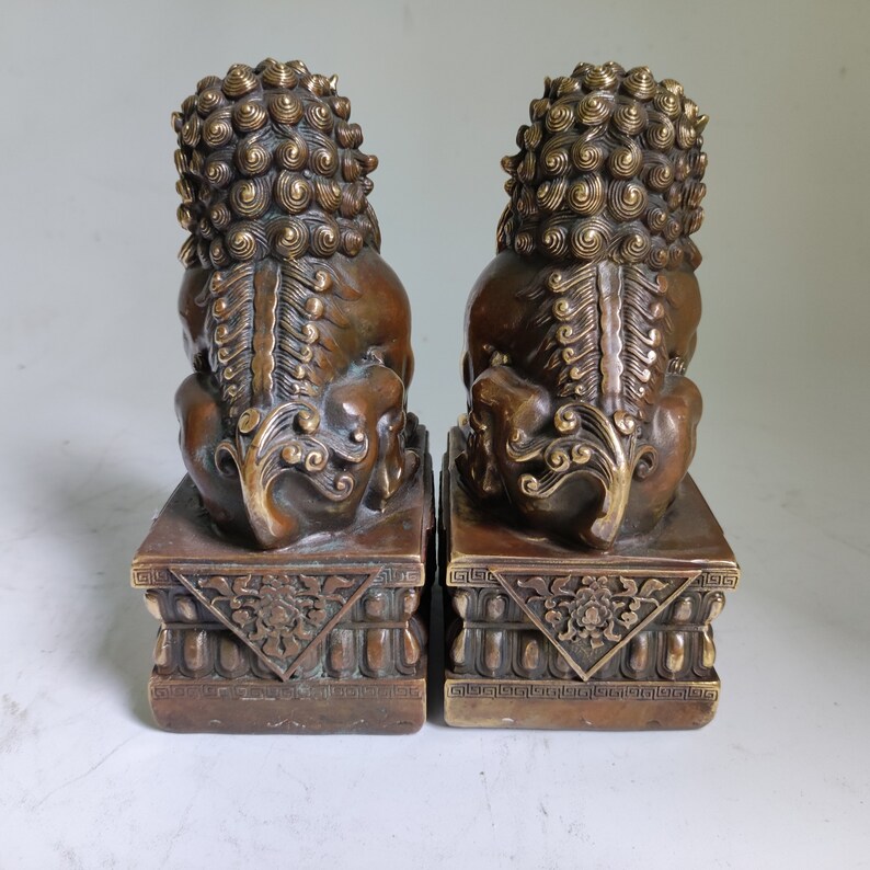 Copper Evil Fu Foo Dog Lion Statue Pair Signed, Old Antiques Chinese ...