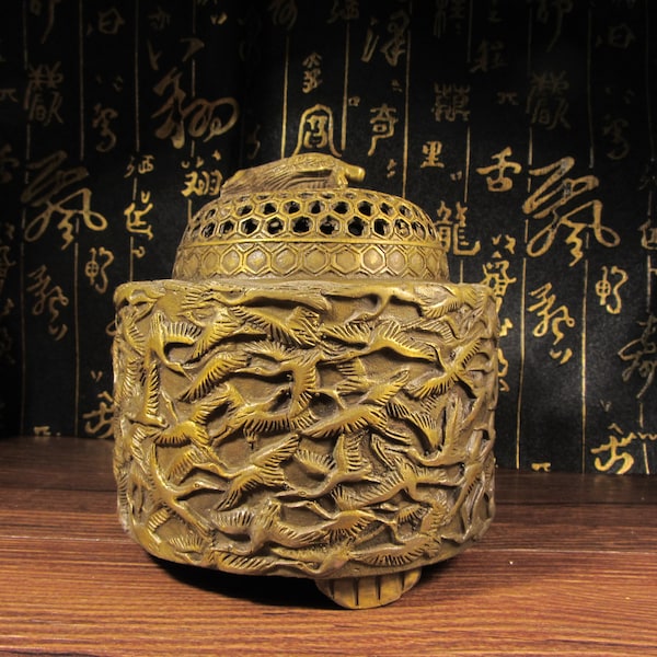 MC363 Vintage | Antique | Folk Chinese Incense Burner Bronze | Brass Candle Burner holder Asian Tibetan Tibet Thousand cranes