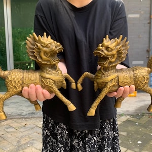 M1051| 2 pics, Pair brass kylin statue, Vintage Bronze unicorn Figurine, Chinese foo dogs sculpture, Tibetan Temple lion qilin Kirin Chi-Lin