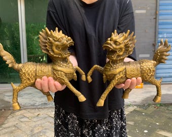 M1051 Pair brass kylin statue, Vintage Bronze unicorn Figurine, Chinese foo dogs sculpture, Tibetan Temple lion qilin Kirin Chi-Lin decor.