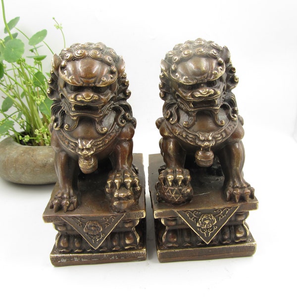 Obtenez la paire | Statut de lion chinois | Danse du lion | Foo Dogs Lions | Statut du cuivre collection vintage Statue chinoise en cuivre en laiton Foo Dogs Lions