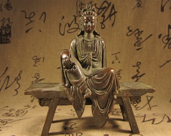Vintage Bronze Kuan Yin Statue, Tibetan Goddess of Mercy Amulet