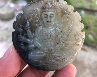 Vintage VTG hand carved thousand hands Guanyin bodhisattva figurine Jade pendant amulet lucky charms car decor pendant protection