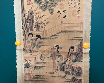 Vintage Chinese Scroll Painting, Lang Shining Court Ladies Wall Art, Antique Rice Paper Painting, Oriental Garden Ladies, Unframed Decor