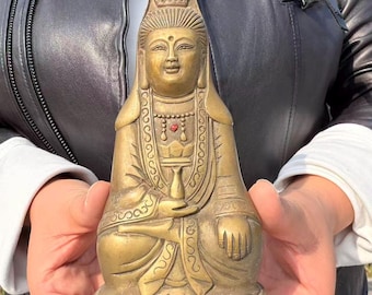Vintage Brass Kwan Yin Statue, Seated Guan Yin Goddess of Mercy with Holy Vase, Lotus Throne Buddhist Figurine