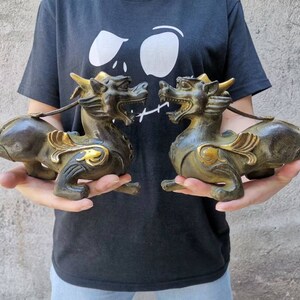 Może przedstawiać: Dwa brązowe posągi mitycznych stworzeń ze złotymi akcentami. Posągi zwrócone są do siebie, z otwartymi pyskami i szczegółowymi cechami. Mają dekoracyjne siodło i rogi. Posągi są trzymane przez osobę.