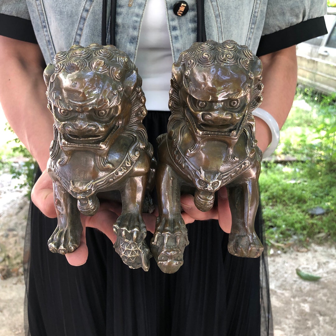 Pair Vtg Bronze Evil Fu Foo Dog Lion Statue Old Antiques Chinese Bronze ...