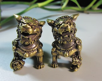 Lot of 2, Pair Tibet Brass copper Pair Of Chinese Foo Dogs lion Statue, Animal Sculpture Figures Ornaments Fu Lions Chinese Guardians