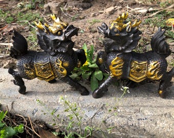 Vintage Bronze Gilt Qilin Statues, Chinese Fengshui Wealth Kylin Figurines, Good Luck Prosperity Home Decor, Asian Mythology Sculpture Gift
