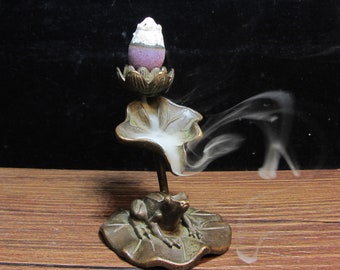 Vintage Style Collection backflow Incense Holder burner lotus and frog Bronze censer Candle Burner Tibetan frog on lily pad statue