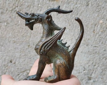 Brass Ancient Beast Flying Dragon Mini Statue, Fengshui Home Decor, Pixiu Winged Figure Ornament, Chinese Winged dragon fly loong Zen Mh0076