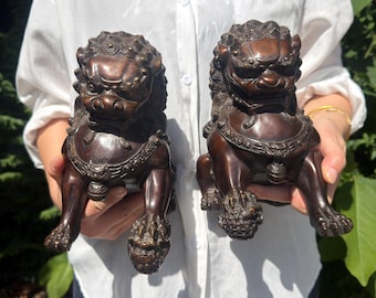 Pair of Vintage  Style Bronze Chinese Guardian Lions, Foo Dog Statues for Feng Shui Decor